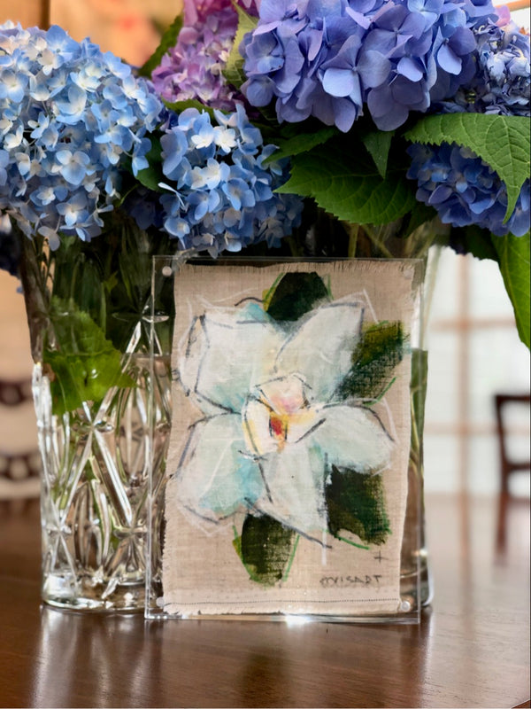Little Bitty Blessing Floral #215, 7x5 Painting on Beautiful Linen with Hand Frayed Edges, Frame Included