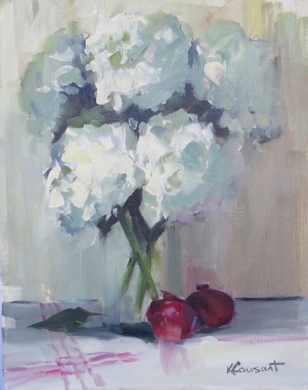 Hydrangeas with Pomegranates on Antique Cloth